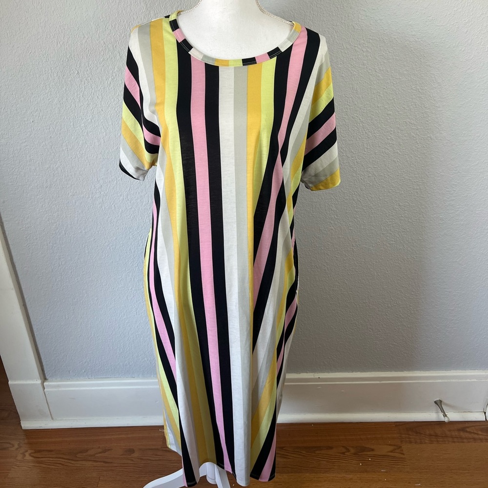 Lularoe Black Pink Gray Yellow White Vertical Striped Marly Maxi Dress
